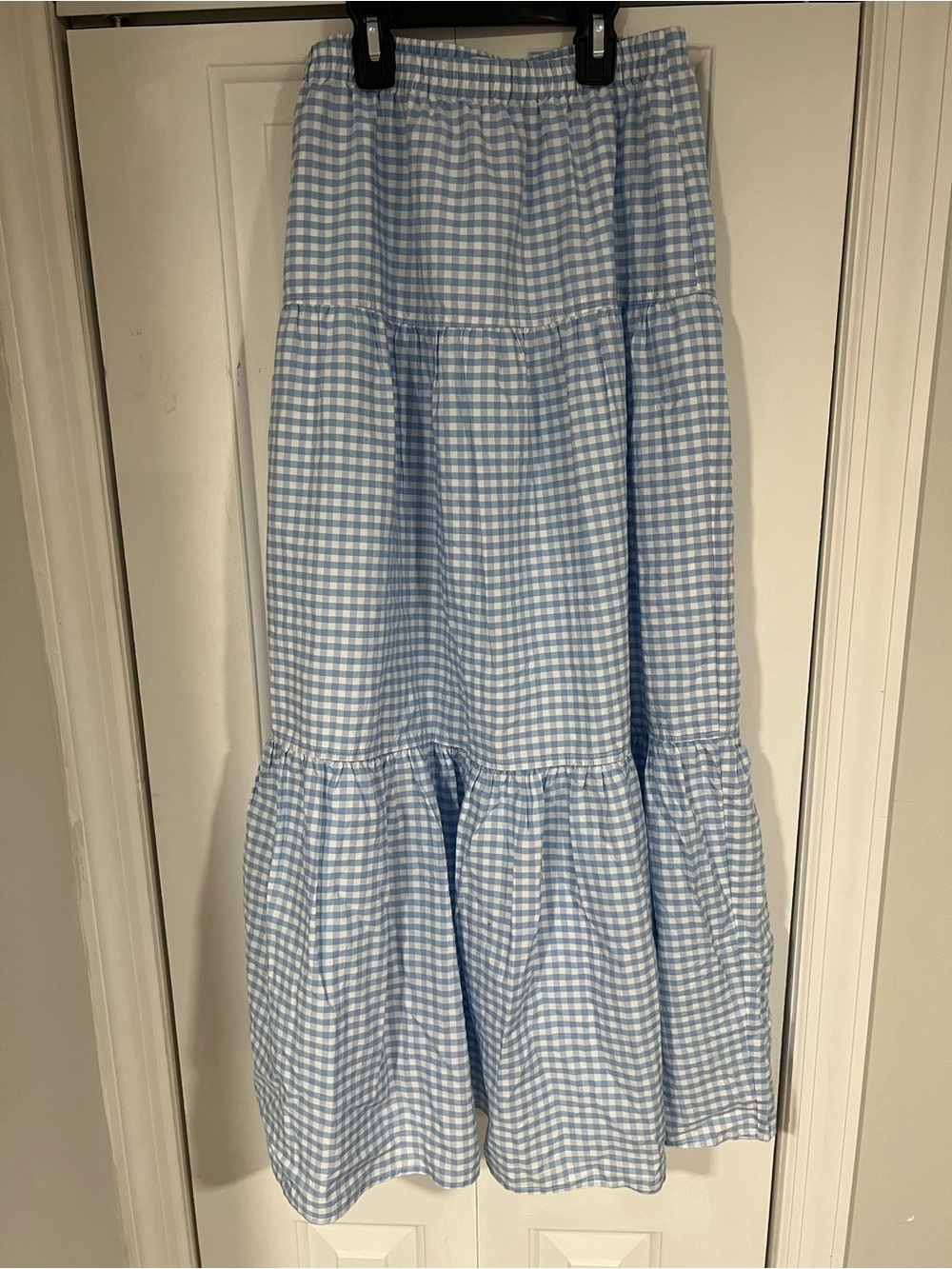 Aritzia Sunday Best Women's Light Blue Gingham Tiered Maxi Skirt - Picture 10 of 10
